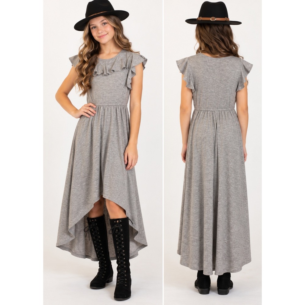 Mia Joy Joyfolie Nyla Dress Heather Charcoal Ruffle High Low Girls Size 12 NEW